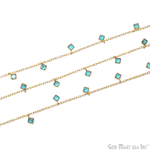Sky Blue Chalcedony Square 4mm Bezel Gold Plated Dangle Fancy Rosary Chain