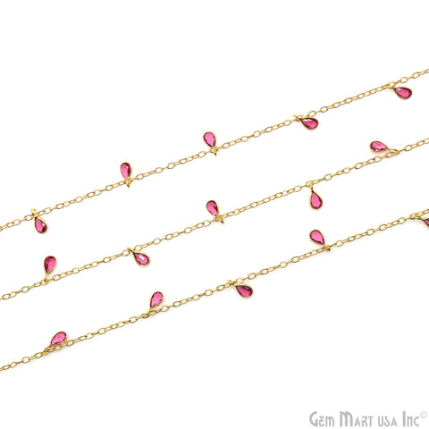 Pink Tourmaline Pear Bezel 5x4mm Gold Plated Dangle Fancy Rosary Chain