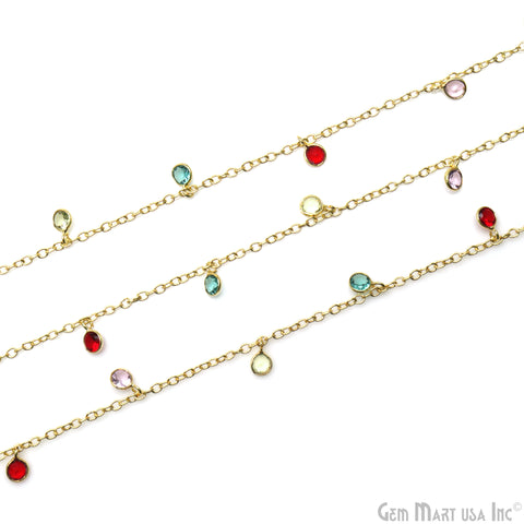 Multi Color Zircon Round 4mm Bezel Gold Plated Dangle Fancy Rosary Chain