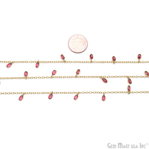 Pink Tourmaline Oval 5x3mm Gold Plated Bezel Connector Dangle Rosary Chain