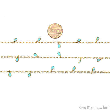 Sky Blue Chalcedony Pear Bezel 5x4mm Gold Plated Dangle Fancy Rosary Chain