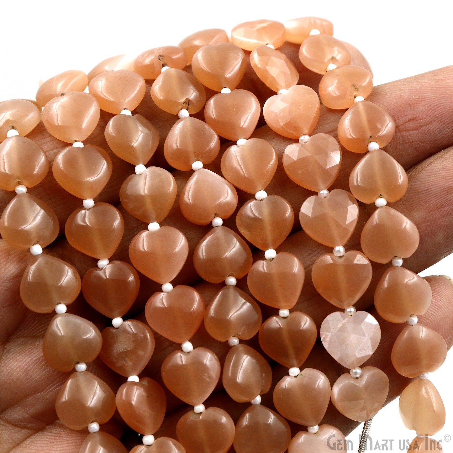 Peach Moonstone Heart Beads, 7 Inch Gemstone Strands, Drilled Strung Briolette Beads, Heart Shape, 10mm