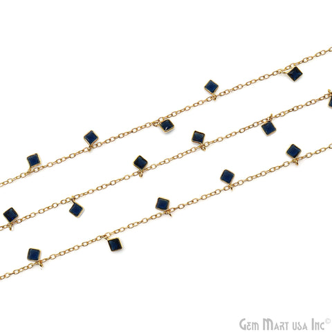 Sapphire Square 4mm Bezel Gold Plated Dangle Fancy Rosary Chain