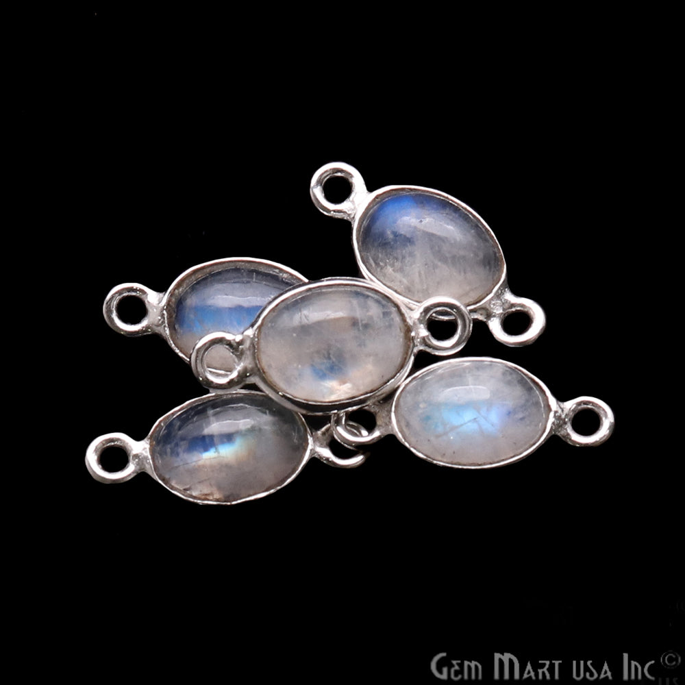 Rainbow Moonstone Cabochon 6x8mm Oval Silver Plated Double Bail Gemstone Connector - GemMartUSA