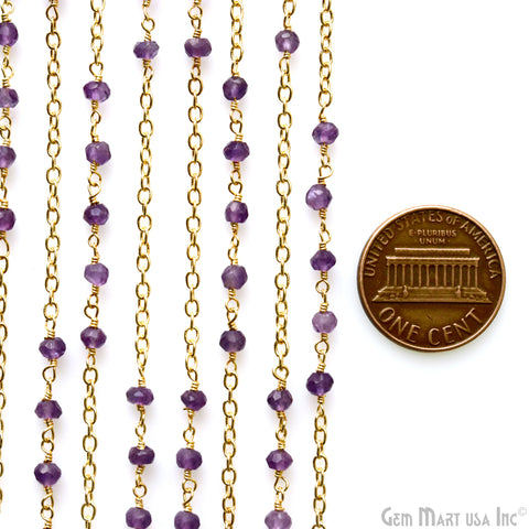 Amethyst Faceted Beads 3-3.5mm Gold Plated Wire Wrapped Rosary Chain