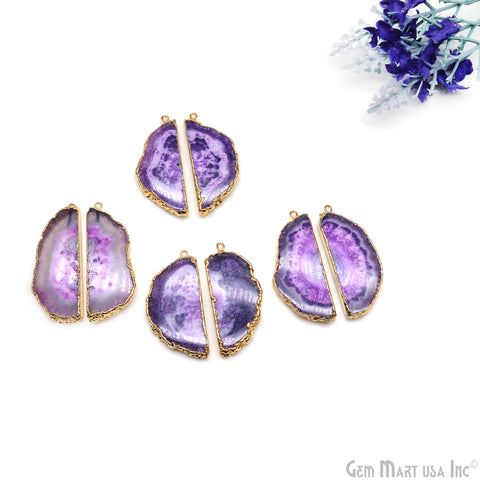 Agate Slice 20x47mm Organic Gold Electroplated Gemstone Earring Connector 1 Pair