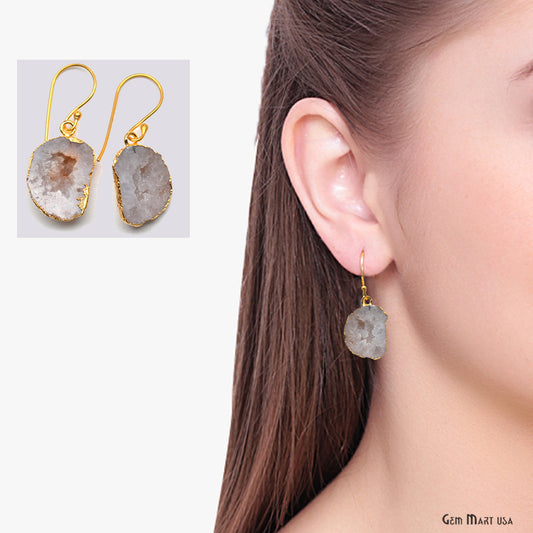 Geode Druzy Gemstone 24x15mm Gold Edge Dangle Hook Earrings - GemMartUSA