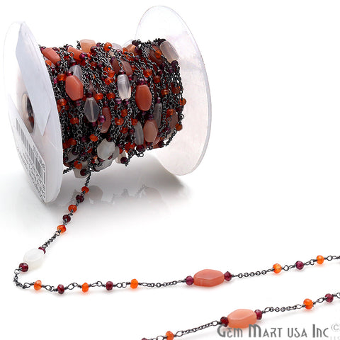 Moonstone, Carnelian & Rhodolite Multi Gemstone Beaded Wire Wrapped Rosary Chain - GemMartUSA