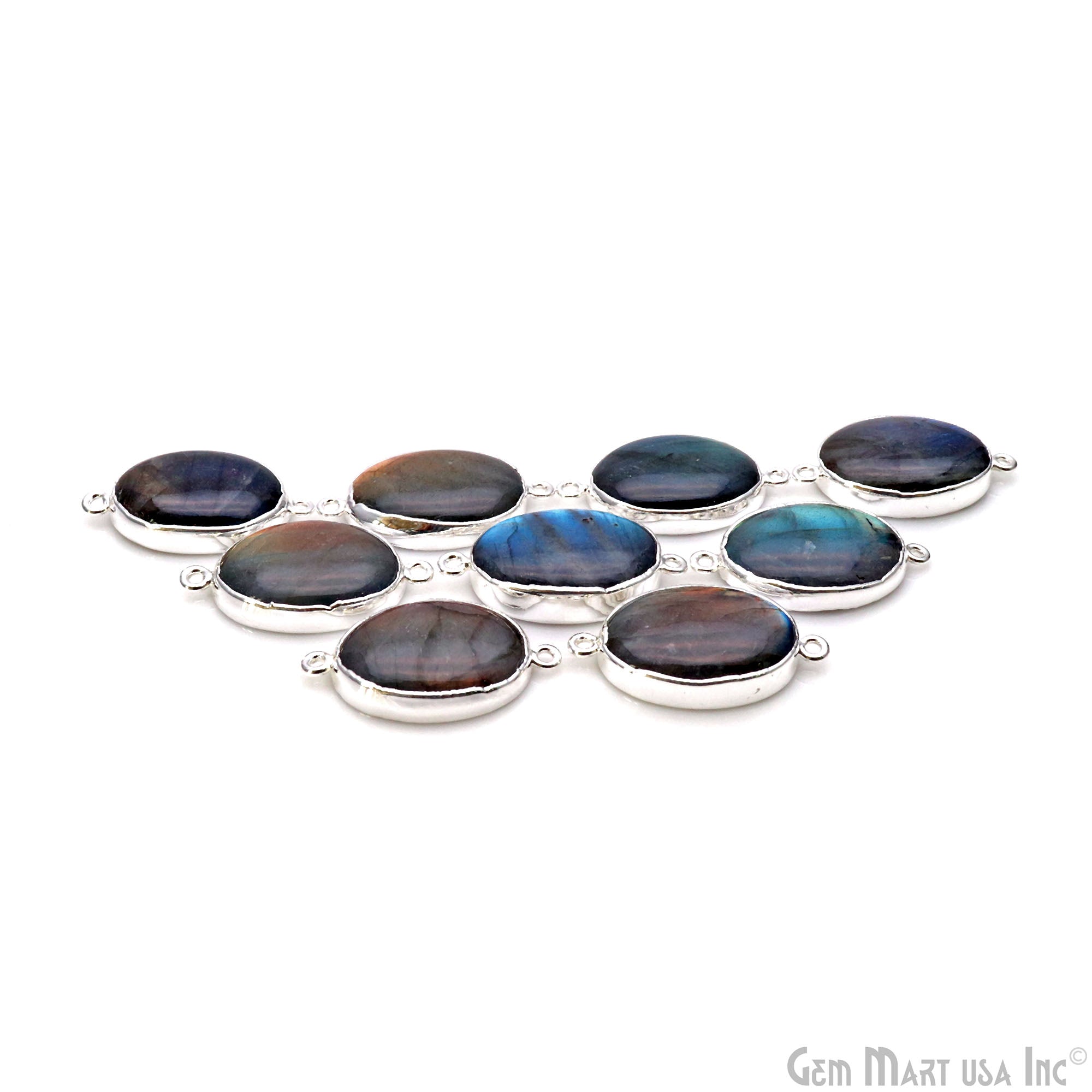 Flashy Labradorite 32x18mm Cabochon Oval Double Bail Silver Electroplated Gemstone Connector