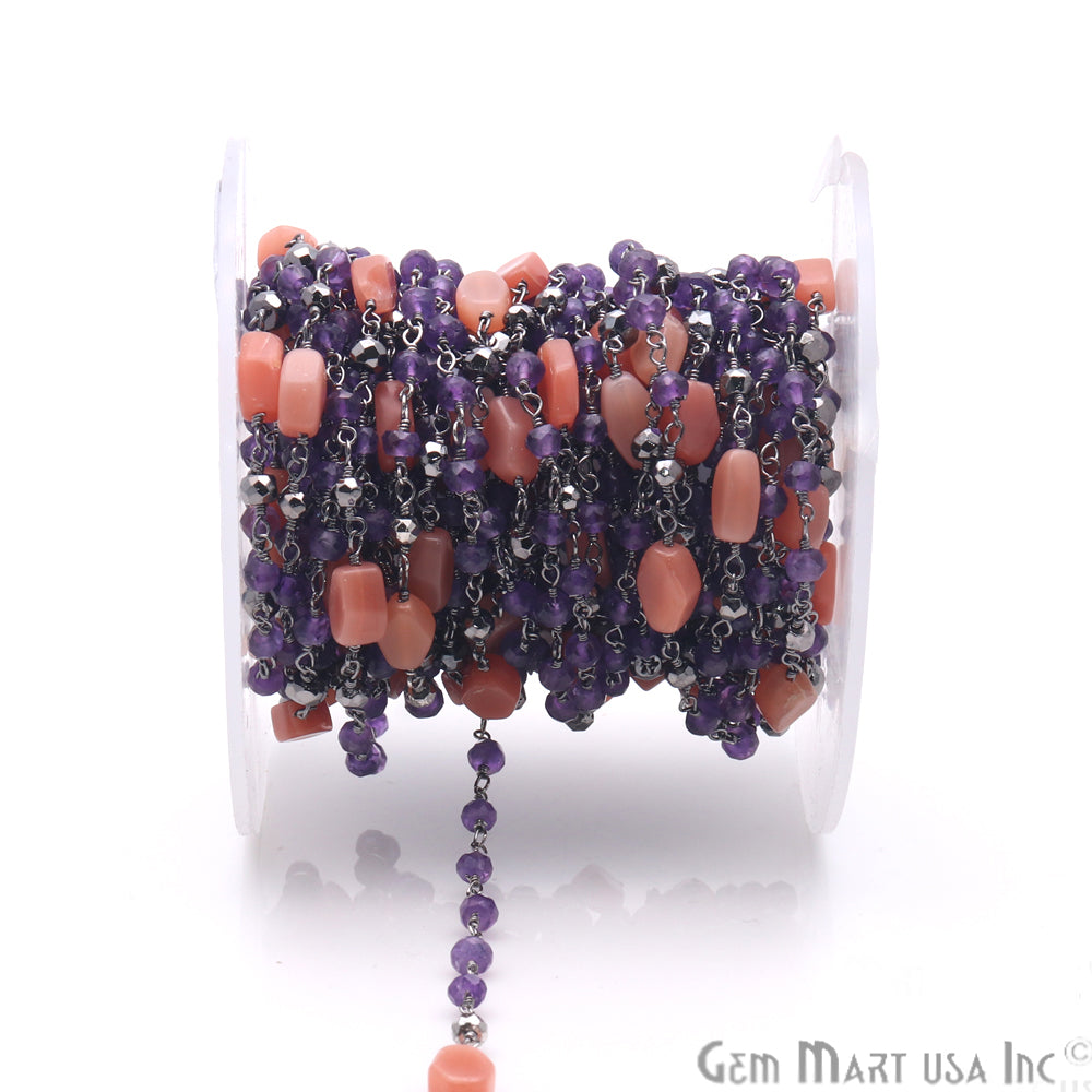 Moonstone, Amethyst & Black Pyrite Multi Gemstone Beaded Wire Wrapped Rosary Chain - GemMartUSA