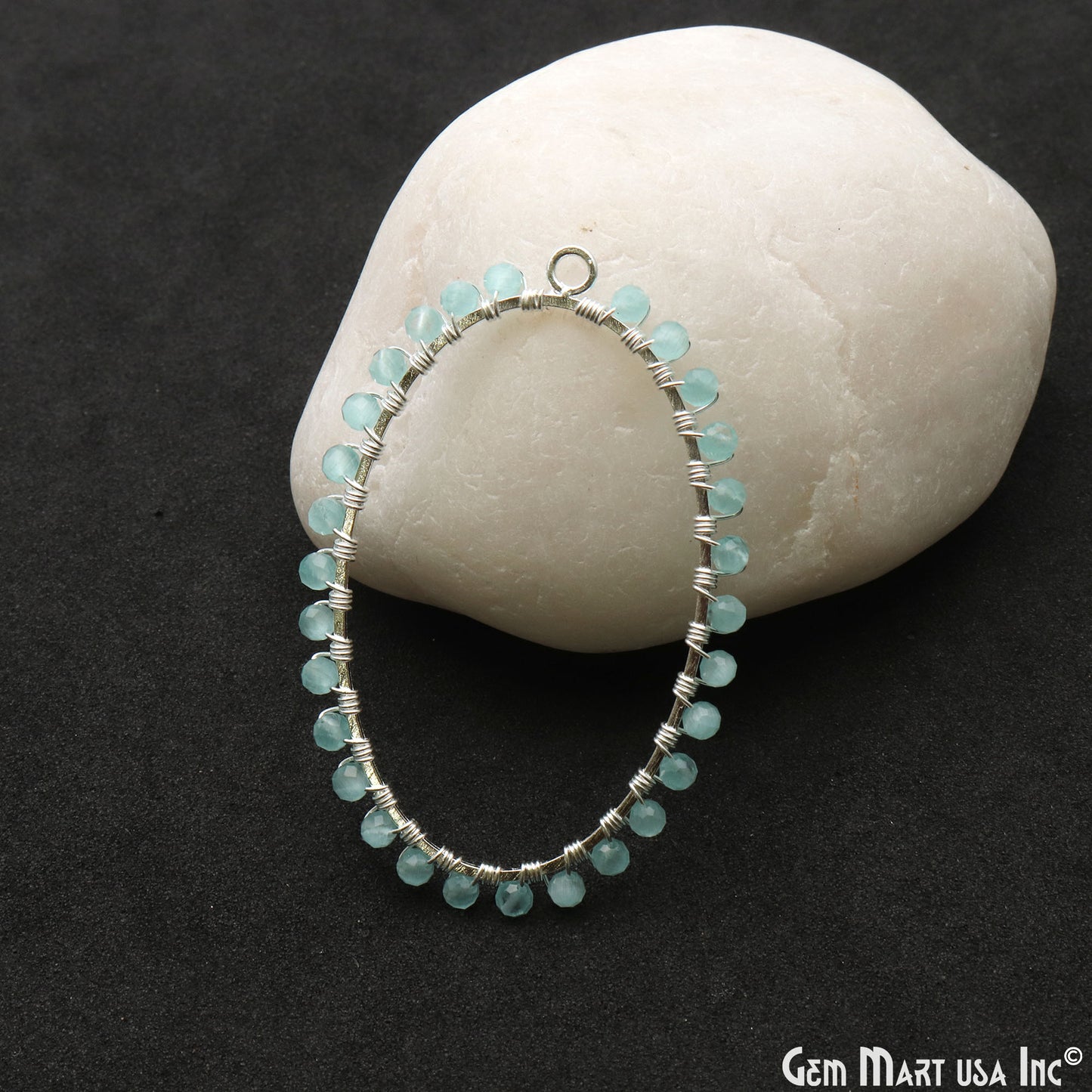 Aqua Chalcedony Oval Shape 52x35mm Silver Triple Wire Wrapped Beads Hoop Connector