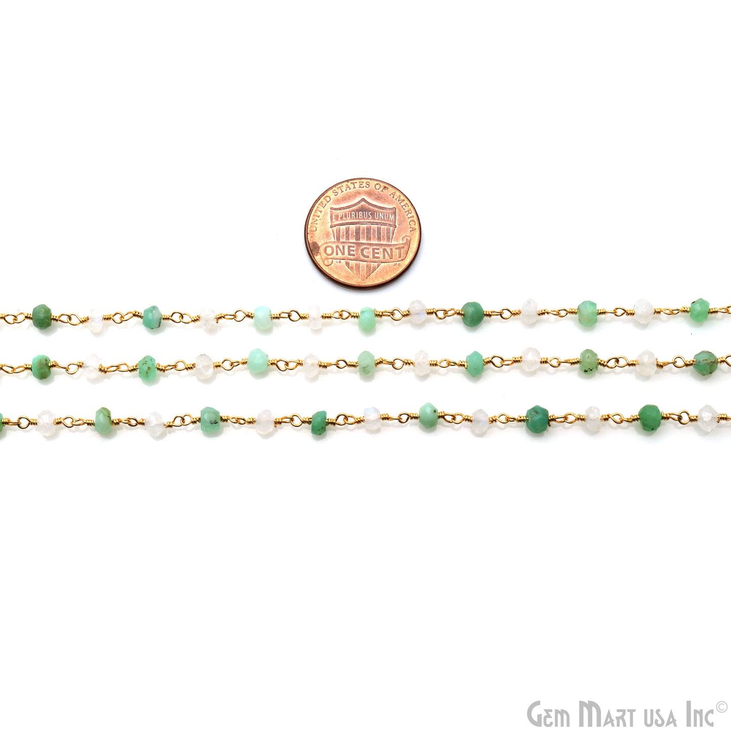 Chrysoprase With Rainbow Faceted 3-3.5mm Gold Wire Wrapped Beads Rosary Chain