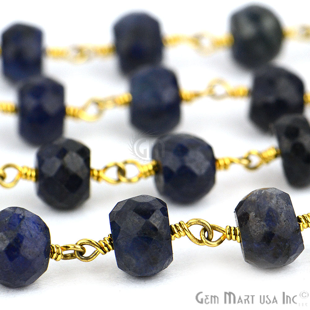 Sapphire 6-7mm Beads Chain, Gold Plated Wire Wrapped Rosary Chain - GemMartUSA (763921203247)