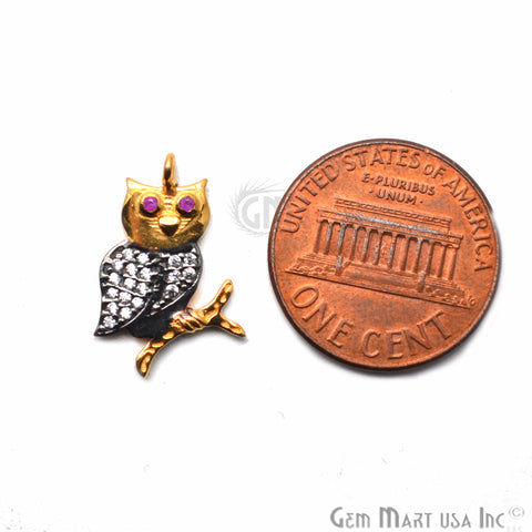 Cubic Zircon Pave 'Owl' Gold Vermeil Charm For Bracelet & Pendants - GemMartUSA