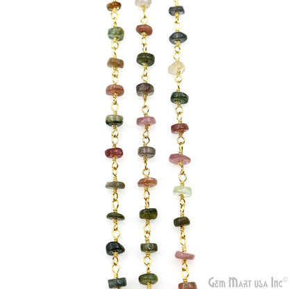 Multi Tourmaline Cabochon 4-5mm Gold Wire Wrapped Rosary Chain