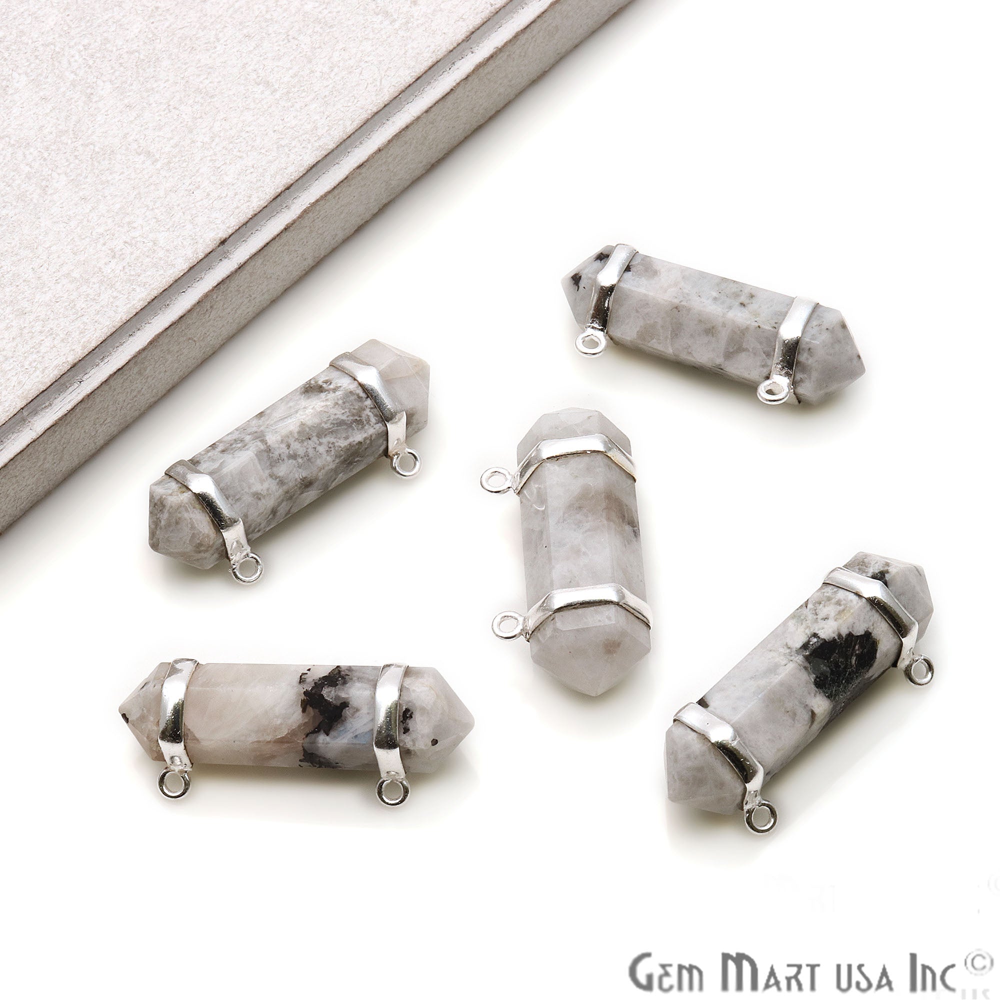 Gemstone 38x10mm Double Point Silver Plated Cat Bail Gemstone Connector (Pick Gemstone) - GemMartUSA