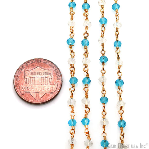 White & Blue Zircon Gold Plated Wire Wrapped Rosary Chain
