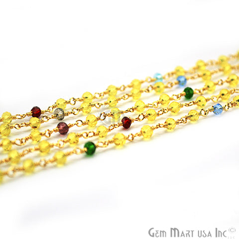 Multi Stone Zircon Faceted Beads Gold Plated Wire Wrapped Bead Fancy Rosary Chain