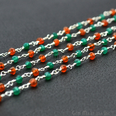 Carnelian With Green Onyx Beads Rosary Chain, Silver Plated Wire Wrapped Rosary Chain