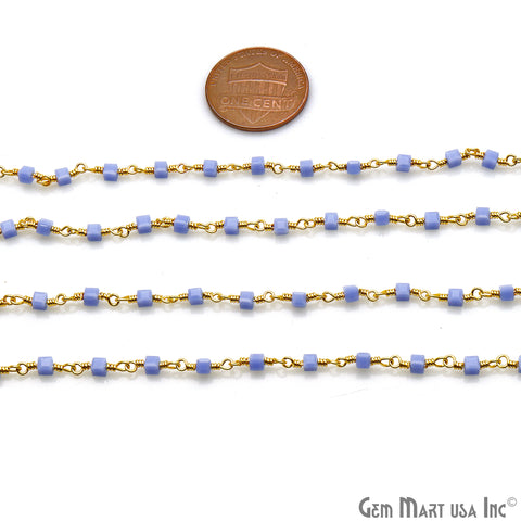 Tanzanite Cube Faceted 2mm Gold Wire Wrapped Rosary Chain - GemMartUSA
