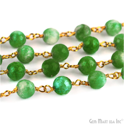 Light Green Jade Faceted Beads 8mm Gold Plated Wire Wrapped Rosary Chain