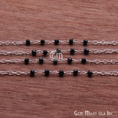 Black Spinel Beads Gemstone Beaded Silver Plated Wire Wrapped Rosary Chain