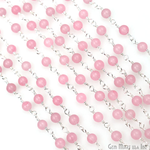 Pink Jade Cabochon 4mm Silver Wire Wrapped Rosary Chain