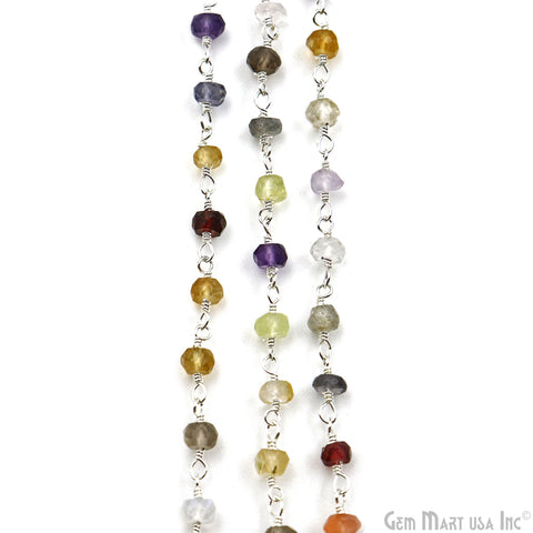Multi Color Zircon Faceted Beads 3-3.5mm Silver Plated Gemstone Rosary Chain