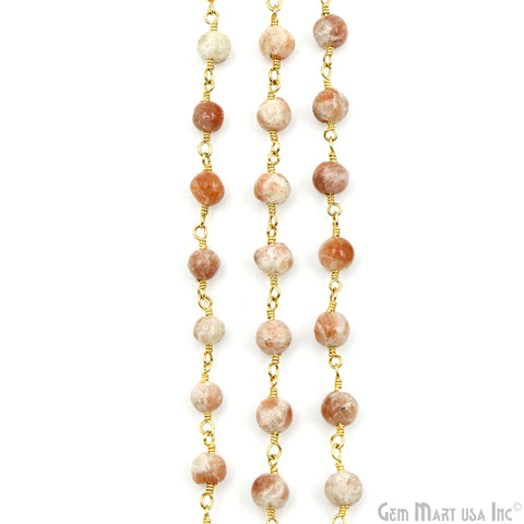 Sunstone Cabochon Beads 5-6mm Gold Plated Gemstone Rosary Chain