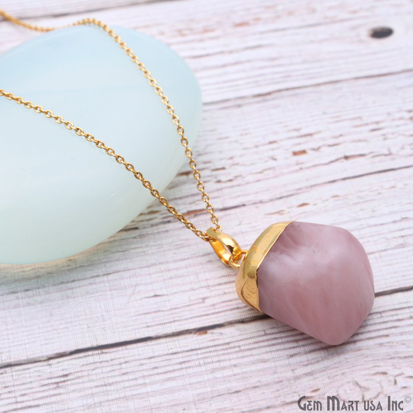 Rose Quartz Tumble 30x18mm Free Form Shape Gold Plated Pendant