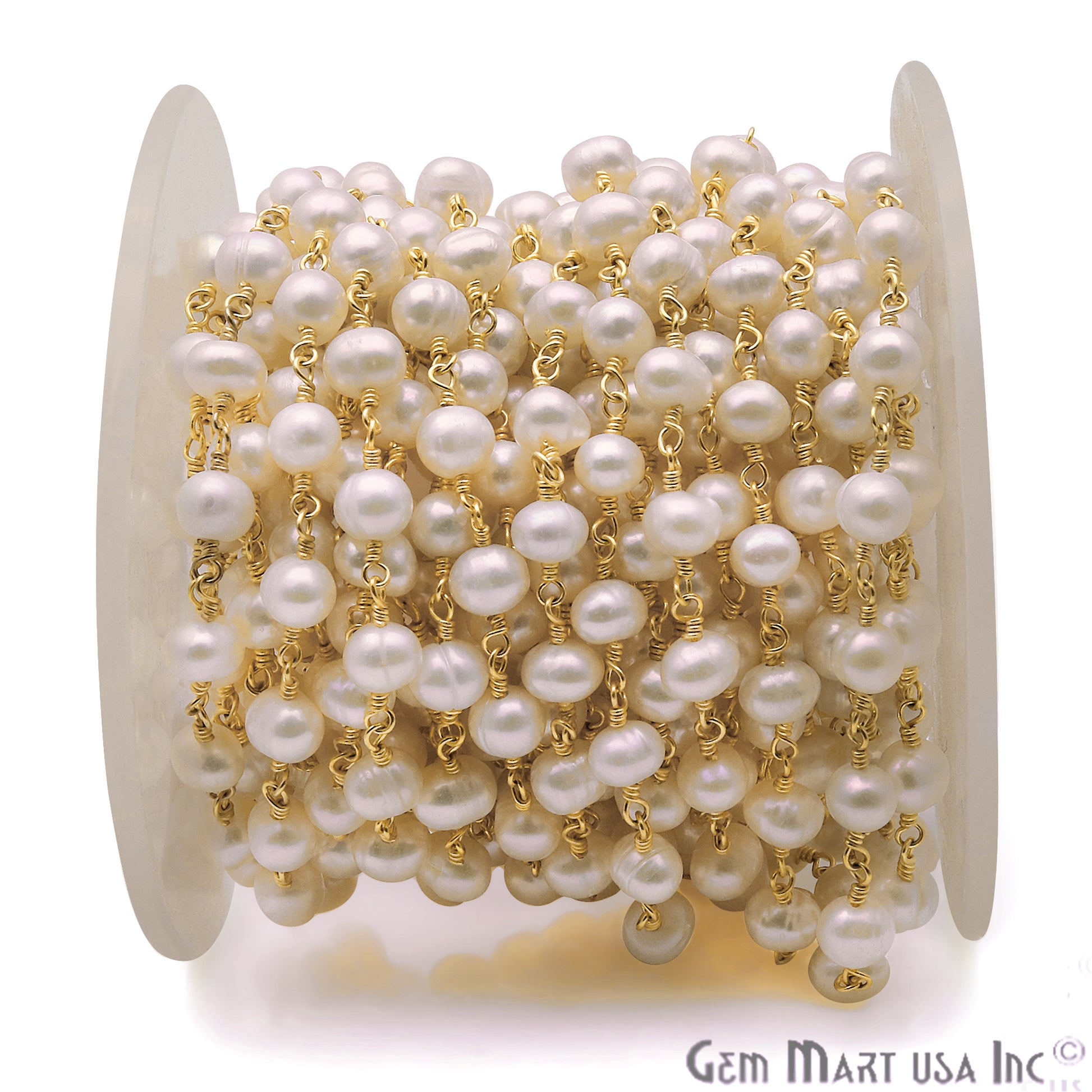 White Pearls Fresh Water 5-6mm Gold Wire Wrapped Bead Rosary Chain - GemMartUSA