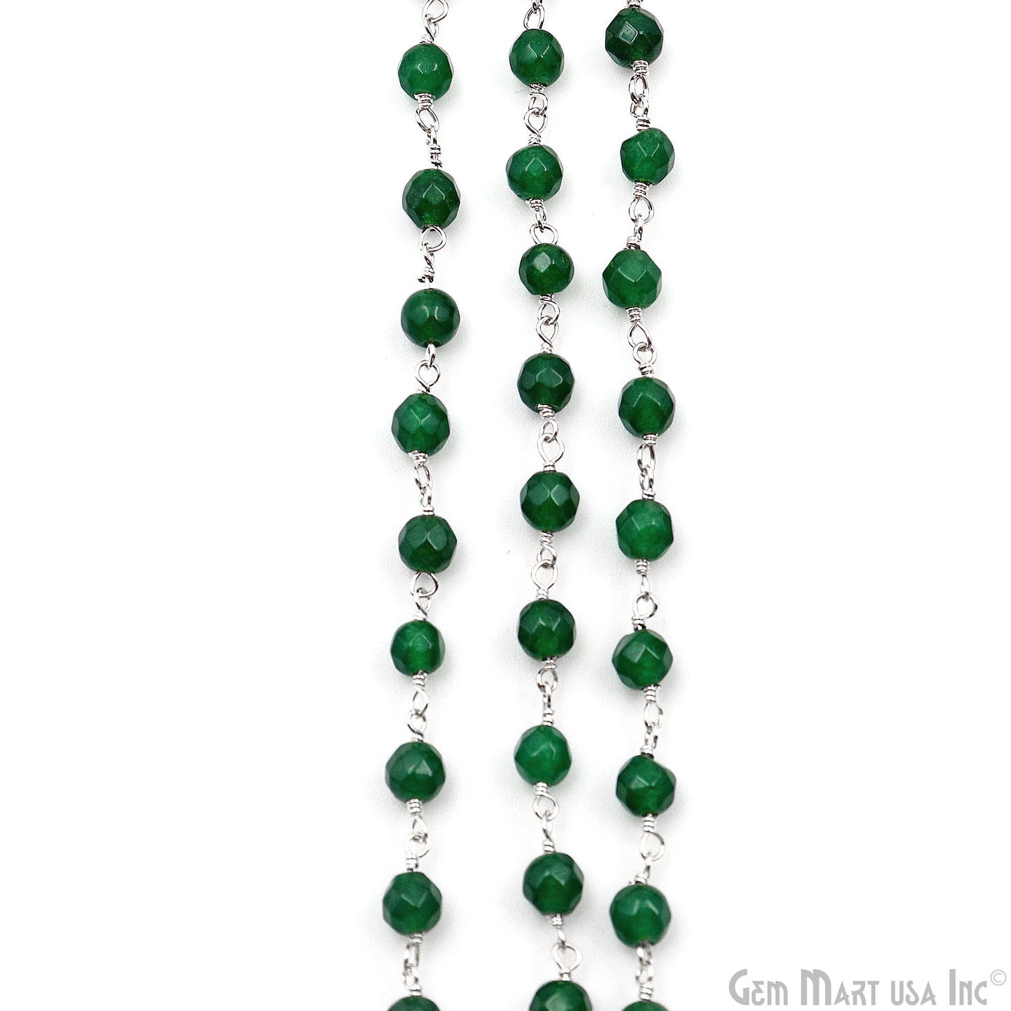 Green Jade Faceted Round 4mm Beads Silver Plated Wire Wrapped Rosary Chain