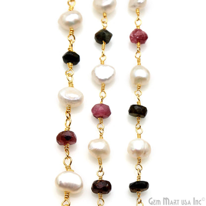 Multi Tourmaline & Freshwater Pearl Gold Plated Wire Wrapped Rosary Chain