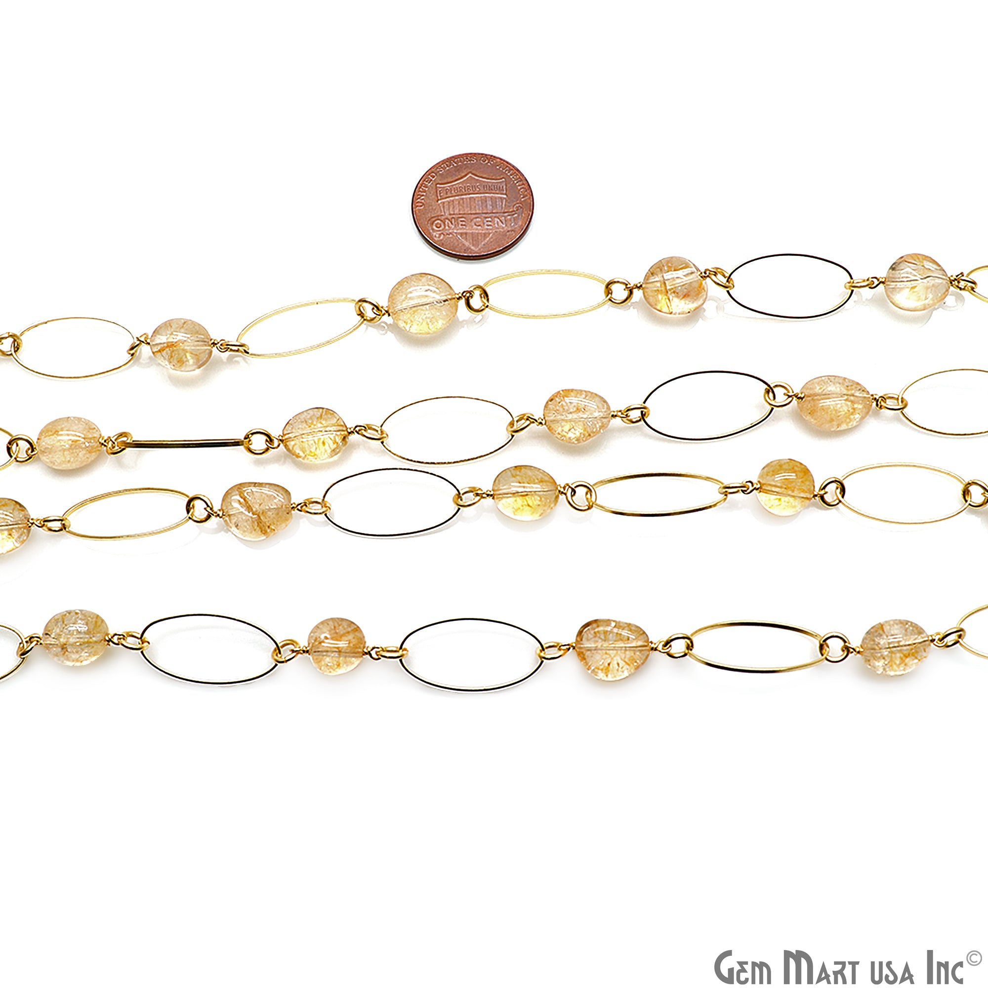 Golden Rutile With Gold Plated Oval Finding Rosary Chain - GemMartUSA