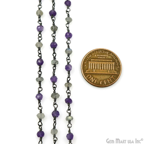 Amethyst & Labradorite 3-3.5mm Oxidized Faceted Beads Wire Wrapped Rosary Chain