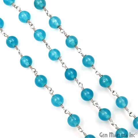 Sky Blue Jade Cabochon Beads 6mm Silver Plated Gemstone Rosary Chain