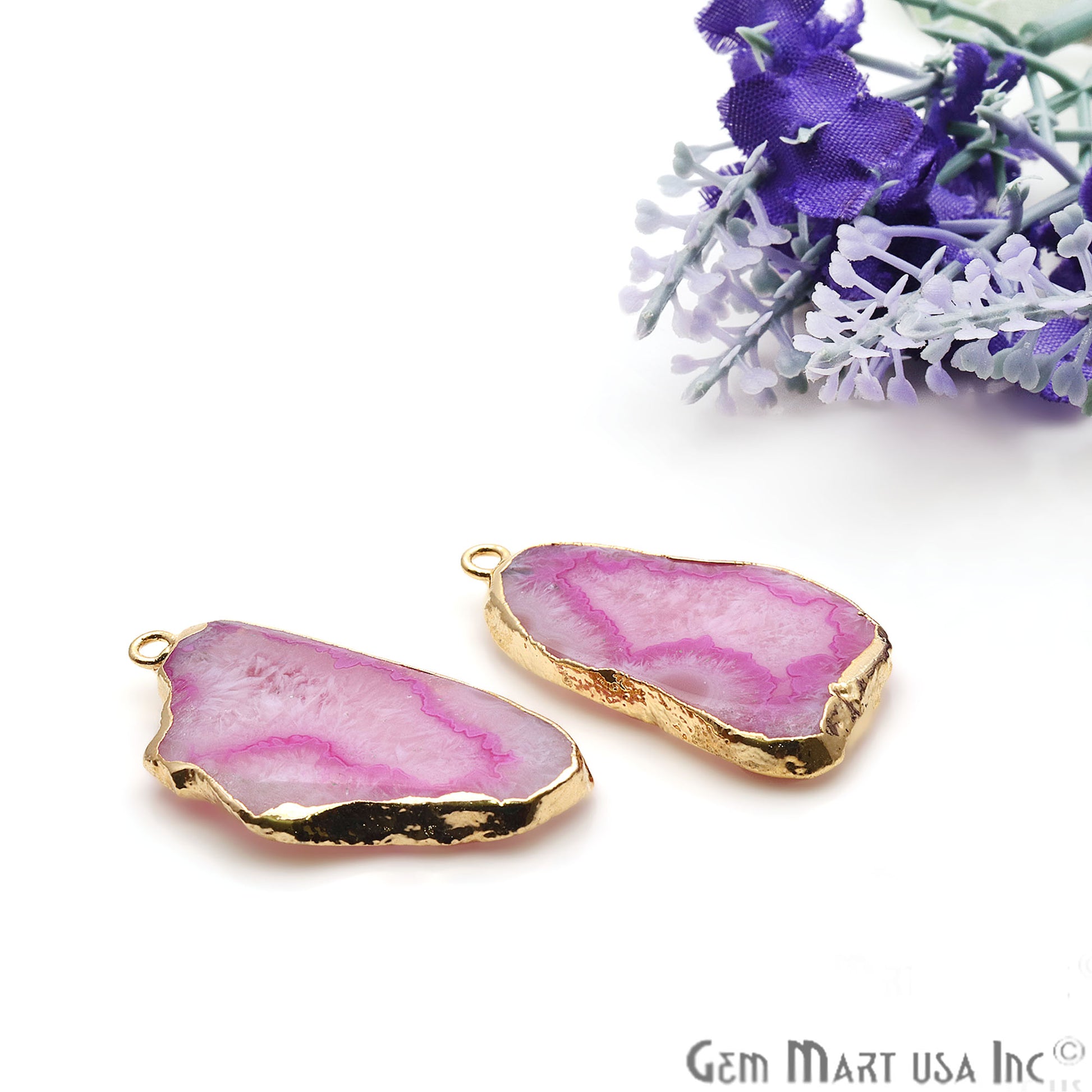 Agate Slice 19x38mm Organic Gold Electroplated Gemstone Earring Connector 1 Pair - GemMartUSA