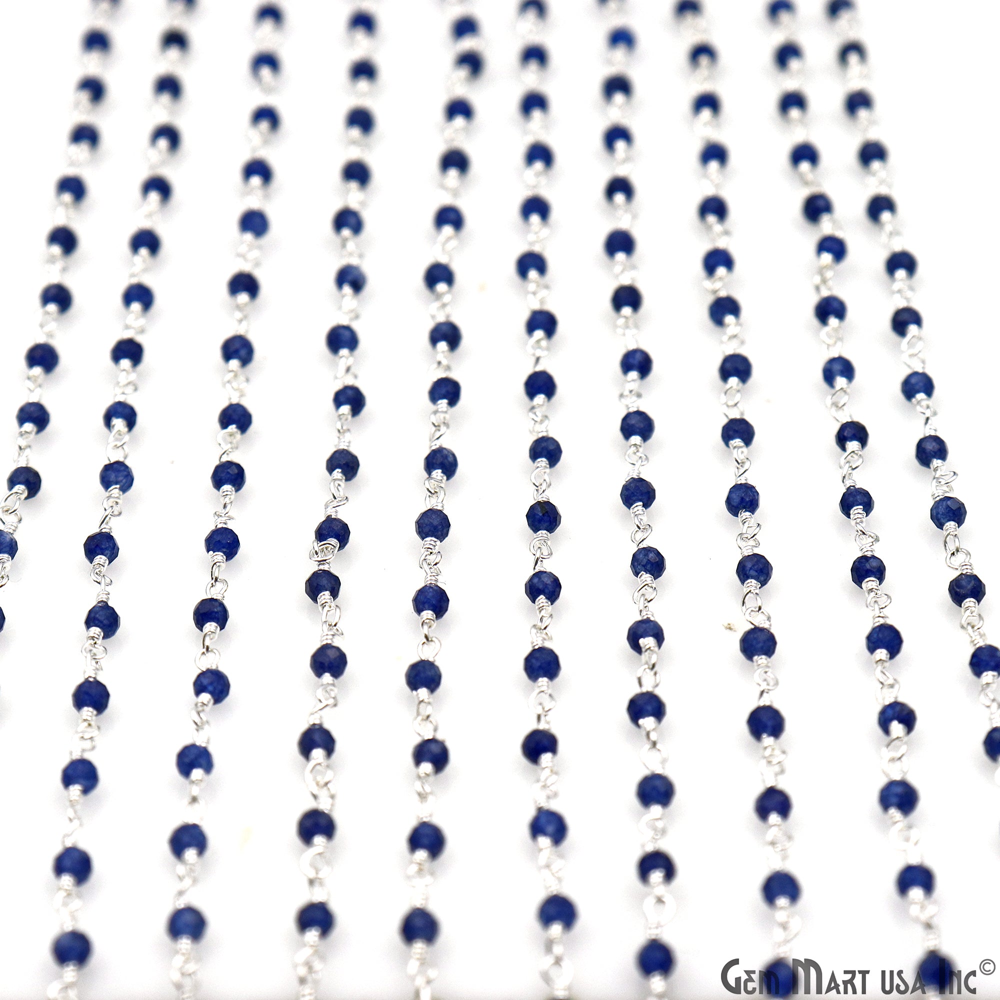 Sapphire 2-2.5mm Tiny Beads Silver Plated Wire Wrapped Rosary Chain