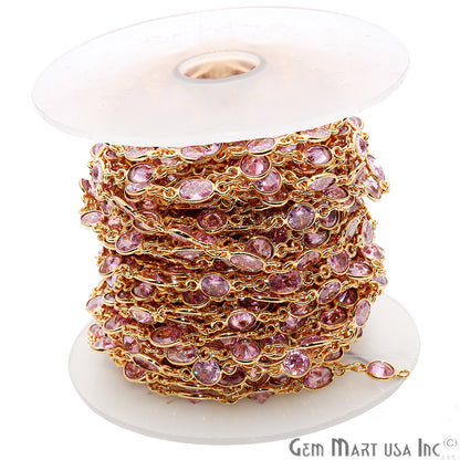 Pink Zirconia Round And Oval Gold Plated Continuous Connector Chain - GemMartUSA