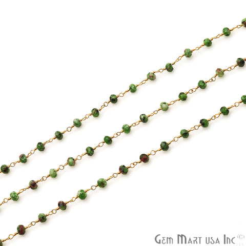 Ruby Zoisite Jade Faceted Beads 4mm Gold Plated Wire Wrapped Rosary Chain - GemMartUSA
