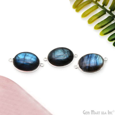 Flashy Labradorite Cabochon 15x20mm Oval Double Bail Silver Plated Gemstone Connector