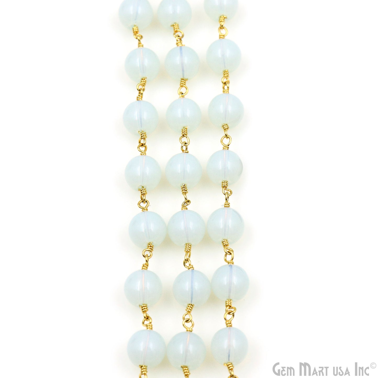 White Opal Smooth Beads 8mm Gold Plated Wire Wrapped Rosary Chain