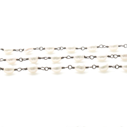 Pearl Free Form 5-6mm Oxidized Wire Wrapped Beads Rosary Chain