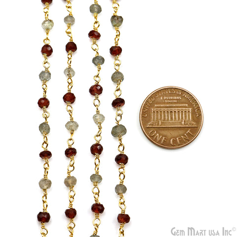 Garnet & Labradorite Faceted Beads 3-3.5mm Gold Plated Gemstone Rosary Chain
