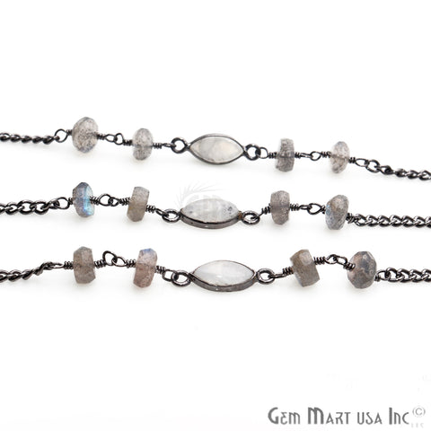 Labradorite 6-7mm Rainbow Moonstone 6x17mm Beaded Oxidized Wire Wrapped Rosary Chain - GemMartUSA