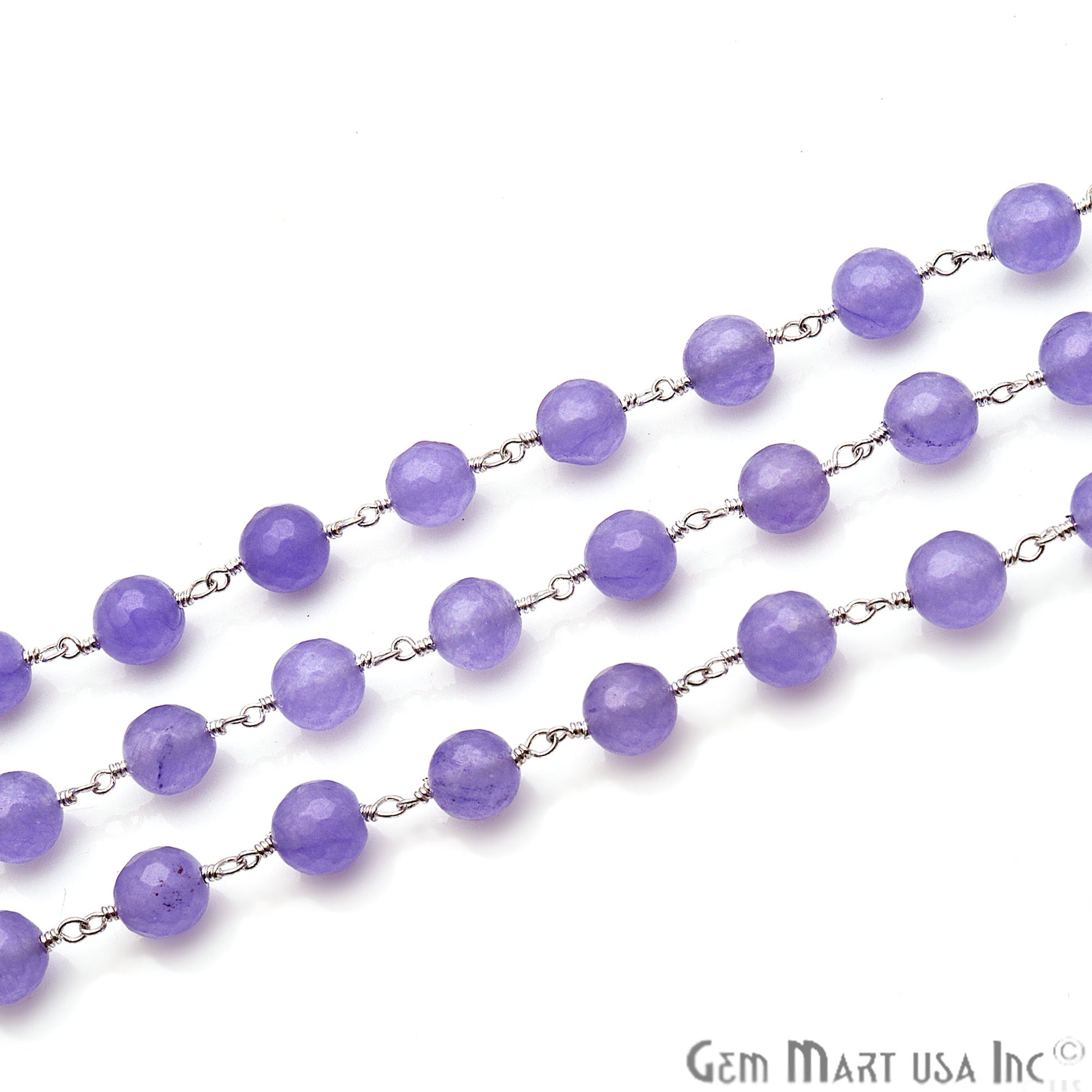 Light Lavender Jade 8mm Silver Plated Wire Wrapped Rosary Chain - GemMartUSA