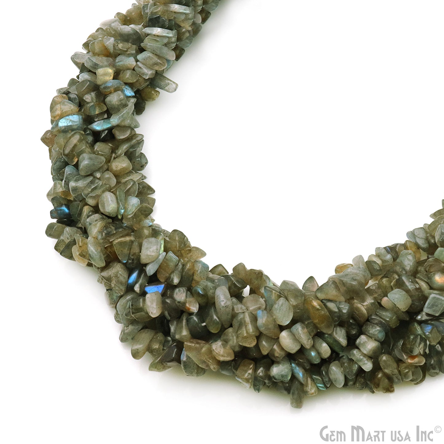 Labradorite Chip Beads, 34 Inch, Natural Chip Strands, Drilled Strung Nugget Beads, 7-10mm, Polished, GemMartUSA (CHLB-70004)