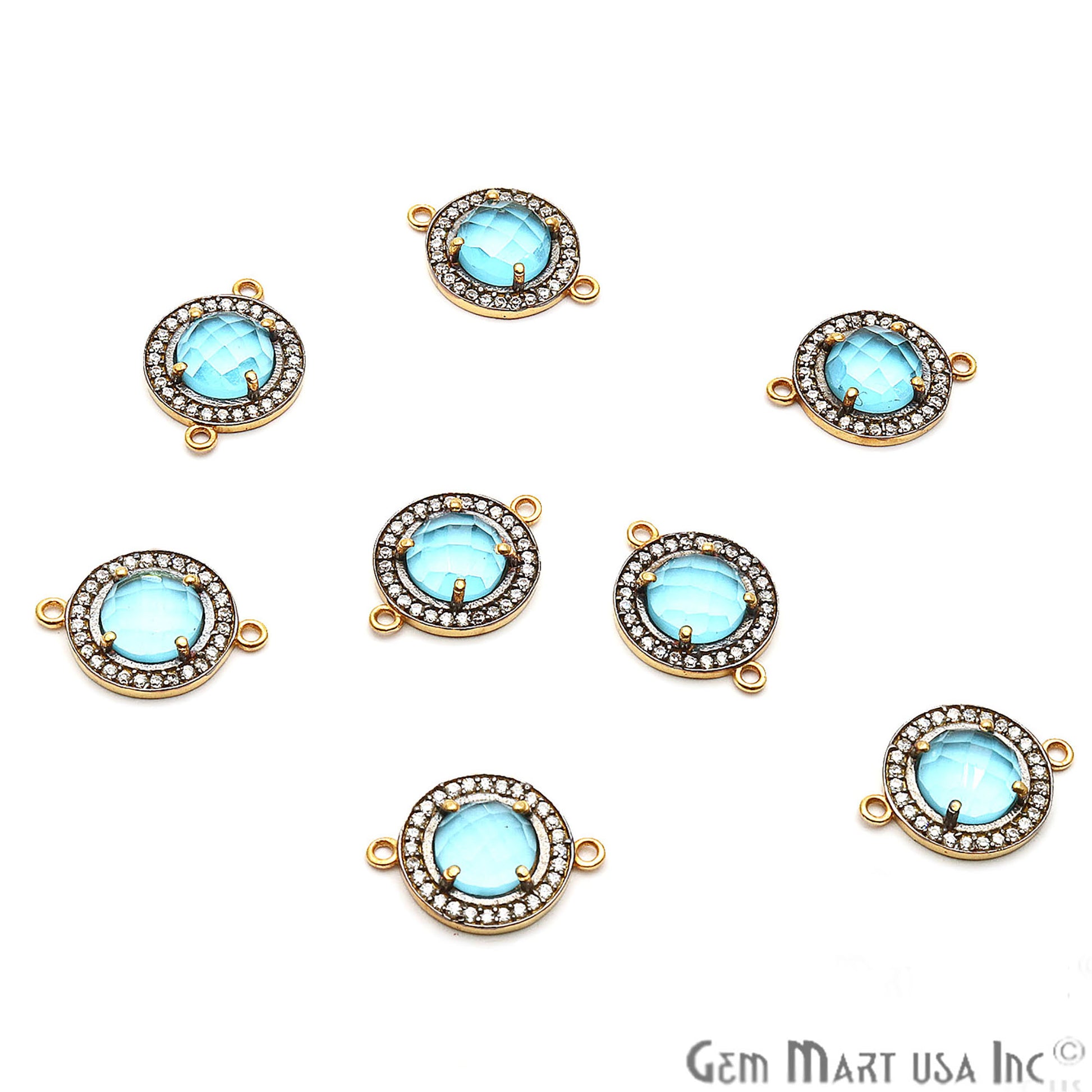 Blue Topaz Round 10mm Black Pave Double Bail Gemstone Connector - GemMartUSA