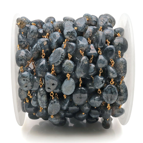Black Crackle Quartz Tumble Beads Gold Plated Wire Wrapped Rosary Chain - GemMartUSA