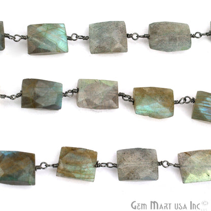 Labradorite Rectangle 7x9mm Beaded Oxidized Wire Wrapped Rosary Chain - GemMartUSA